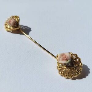 Vintage Pink Rose Gold Tone Filigree Collar Bar Brooch Shirt Clip